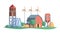 Agricultural background. Farm rural buildings windmill and vehicles garish vector cartoon illustration