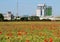 Agricultural buildings with grain silos and drying tower behind a large wheat field with a lot of red poppies