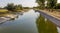 Agricultural canal or irrigation canal in a concrete wall Direct water to the farmer`s farmland in arid areas of risky farming