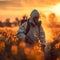 Agricultural care man in protective gear fumigates field at sunset