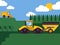 Agricultural combine harvester seasonal farming landscape scene illustration background vector. Fields and forests