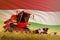 agricultural combine harvester working on grain field with Hungary flag background, food production concept - industrial 3D