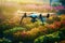 Agricultural drone flying on flower bed, morning light, generative AI