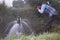 Agricultural equipment for field irrigation, an Indian farmer drinking water from water jet overflowing on his farm, Rain fog,