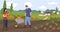 Agricultural family harvesting pumpkin seasonal countryside work vector flat illustration