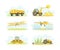 Agricultural Farming Machinery with Tractor, Plow, Harvester and Airplane Spraying Field Vector Set