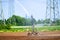 Agricultural field irrigation, Irrigation system for irrigating crops Waters the freshly sown field. Irrigation equipment