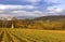 Agricultural fields and yellow little chapel in the charming town of Rein famous for the beautiful Rein Abbey near Graz,