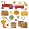 Agricultural harvest collection. Tractor with trailer, apples, pumpkins, haystraw