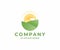 Agricultural land with barn country farm logo design. Rural landscape with green hill and sunlight modern vector design