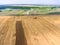 Agricultural land after harvest crop, aerial view at wheat field, farm machinery and green lands