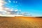 Agricultural landscape, arable crop field. Linear plowing on hills