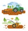 Agricultural machinery vector icon set isolated on white scene. Farming, harvesting, gardening. Illustration