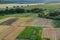 Agricultural Rolling Spring Autumn Landscape. Natural Landscape In Brown And Yellow Color. Waved Cultivated Row Field And Tree.