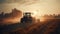 agricultural scene as a tractor diligently sprays pesticides sunset, Generative AI