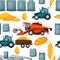 Agricultural seamless pattern with harvesting items. Combine harvester, tractor and granary