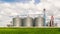 Agricultural Silo, foreground sunflower plantations - Building Exterior, Storage and drying of grains, wheat, corn, soy