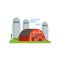 Agricultural silo towers and red barn, countryside life object vector Illustration