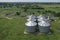 Agricultural silos on a farm, photos from above with a drone. Industrial agricultural granary, processing plant, elevator dryer,