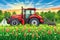 Agricultural tractor at sunset infographic banner design for farming industry and food production