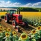 Agricultural tractors in fields of sunflowers in sowing and ensuring