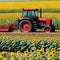 Agricultural tractors in fields of sunflowers in sowing and ensuring