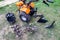 Agricultural walk-behind tractor with a set of attachments, hiller, milling cutters and lugs. Two-wheel tractor