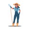 Agricultural work. Cartoon female farmer character hold hoe, working in field, harvesting crops and fruits. Standing