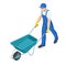 Agricultural work. Farming activity of farmer. Isometric farmer with a wheelbarrow. Organic farm products. Male working