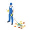 Agricultural work. Isometric man cleaning fallen autumn leaves, A gardener collects and cleans fallen leaves in the fall