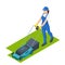 Agricultural work. Woman lawn mower grass cutting farmer harvest in garden . Lawn mover on green grass. Machine for