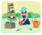 An agricultural worker plants seedlings.The farmer grows vegetables.vector illustration