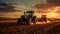 Agricultural workers with tractors. Ploughing a field with tractor at sunset created with Generative AI