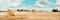 Agriculture background with copy space. Harvested field with straw bales. Summer and autumn harvest concept. Banner