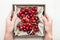 Agriculture cherry background in box, antioxidant, dieting