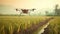 Agriculture drone flying on rice farm to sprayed fertilize. AI Generative