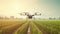 Agriculture drone flying on rice farm to sprayed fertilize. AI Generative