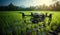 Agriculture drone flying on rice farm to sprayed fertilize. AI Generative