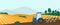 Agriculture farm banner. Tractor cultivating field at spring vector illustration