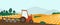 Agriculture farm banner. Tractor cultivating field at spring vector illustration