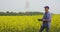 Agriculture farmer taking notes at rapeseed field