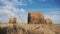 Agriculture farming concept slow motion video. haystacks on wheat field under the beautiful blue cloudy lifestyle sky