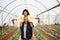 Agriculture, greenhouse and portrait of father with girl for harvesting vegetables, plant growth and gardening