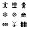 Agriculture icon set glyph style including scarecrow, agriculture, farm, farming, ear,wheat,honey,bee,beehive,hive,sun flower,oil,