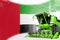 Agriculture innovation concept, green advanced rural combine harvester on United Arab Emirates flag - digital industrial 3D