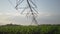 Agriculture irrigation. A machine with wheels irrigates green sprouts of corn in a field splashing water drops. Corn