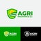 Agriculture logo. Agri insurance Co. Icon consist of green Heraldic shield with sun and fields.