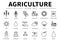 Agriculture Outline Icon Set of Wheat, Corn, Soy, Tractor, Sunflower, Fertilizer, Sun, Water, Growth, Weather, Rain, Fields,