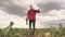 Agriculture. Senior farmer with sack and boots walks across the field during the sugar beet harvest. An agronomist