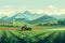 Agriculture, tractors and harvester working in the field, harvesting, vector flat illustration